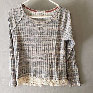 Jolt Womens Plaid Long Sleeve Top Lace Trim Button Cuff Large Poly Rayon Spandex